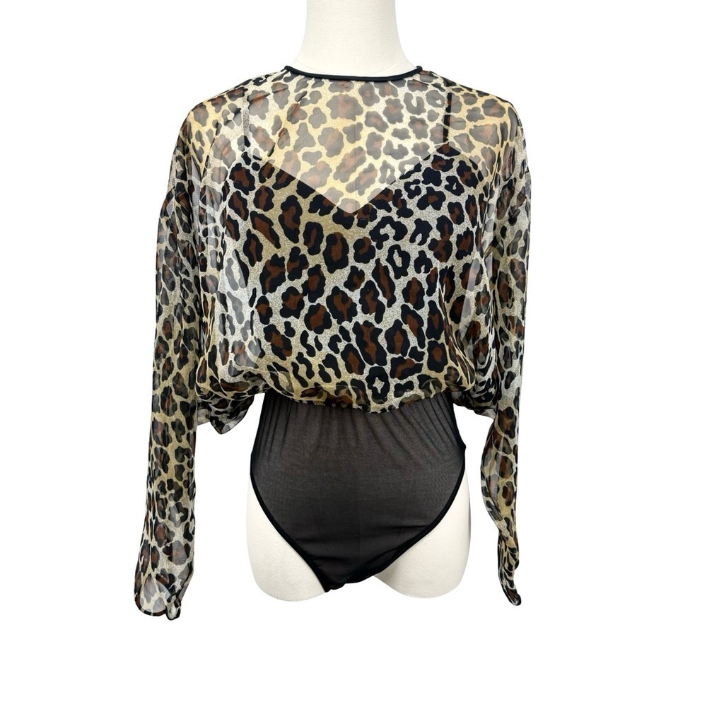 Natori Vintage Leopard Semi-Sheer Bodysuit Sz Small